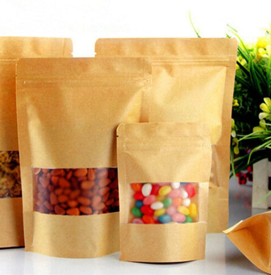 50 Pcs Brown Stand Up Kraft Pouches Paper Bags With Window And Zipper Packaging Material