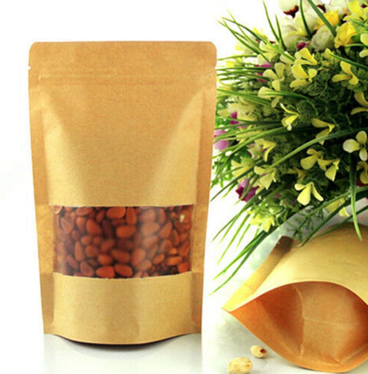 25 Pcs Brown Stand Up Kraft Pouches Paper Bags With Window And Zipper Packaging Material (Copy)
